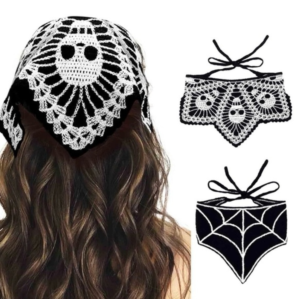 Black and White Crochet Skull Bandana